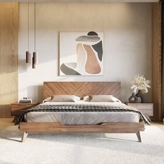 Pasadena Solid Wood Low Profile Platform Bed - On Sale - Bed Bath & Beyond - 40018086 Bed Without Box, Bed Headboard Ideas, Modern King Bed, Farmhouse Style Bedding, Mid Century Bed, Chevron Headboard, Contemporary Bedrooms, Walnut Bed, Low Profile Platform Bed