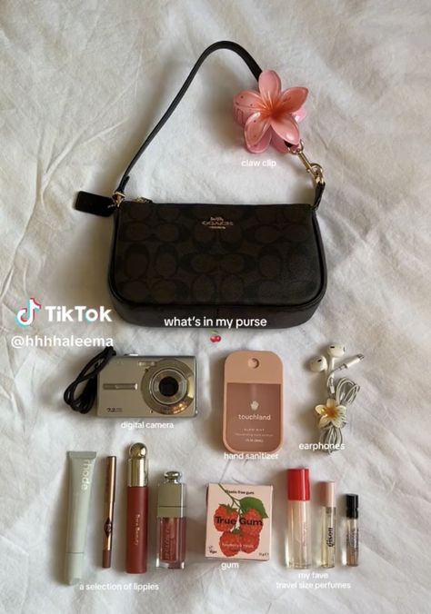 Cute Purses Aesthetic, Coach Purse Aesthetic, What’s In My Bag Aesthetic, Purse Must Haves Items, Coach Bag Aesthetic, Small Purse Essentials, Bag Tour, Everyday Bag Essentials, What's In My Purse