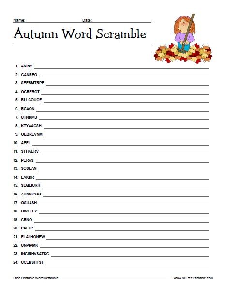 Free Printable Autumn Word Scramble Word Unscramble, Fall Word Search, Christmas Worksheet, Word Puzzles For Kids, Autumn Puzzle, Printable Crossword Puzzles, Fall Worksheets, Unscramble Words, Back To School Worksheets