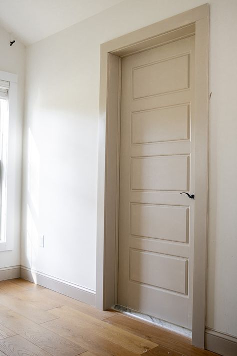 Door Frame Colours, Interior Color Doors, Door Colour With White Walls, White Walls Cream Doors, Room Doors Color, Cream Walls With Taupe Trim, Off White Doors And Trim, Brown Painted Doors Interior, Light Brown Trim Interior