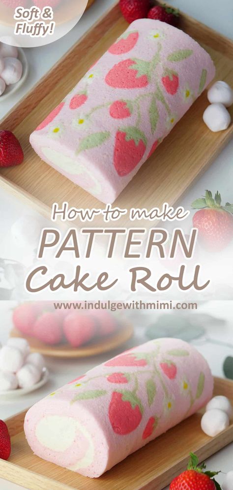 Roll Cakes With Designs, Cake Sandwich Ideas, Pattern Cake Roll, Jelly Roll Cake, Swiss Roll Cakes, Strawberry Roll Cake, Fancy Pattern, Roll Cakes, Pattern Cake