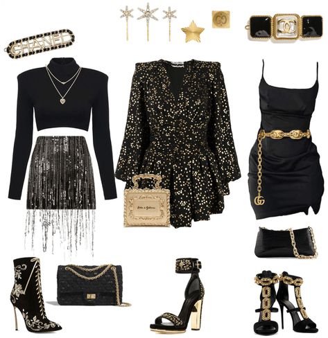 Casino Hostess Outfit, Vegas Theme Gala Outfit, Vip Party Outfit, Las Vegas Theme Outfit Ideas, Casino Glam Outfit, Casino Outfit Night Classy, Black And Golden Outfit, Casino Night Dress Ideas, New Year Club Outfits