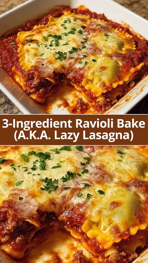 Make dinner a breeze with this easy 3-ingredient ravioli bake recipe, also known as "Lazy Lasagna." Perfect for busy weeknights, this quick and cheesy baked pasta dish layers ravioli, marinara sauce, and melty cheese to Ravioli Bake Recipe, Ravioli Lasagna Bake, Quick Lasagna, Cheese Ravioli Recipe, Cheesy Baked Pasta, Baked Ravioli Casserole, Baked Ravioli Recipe, Lazy Lasagna, Lasagna Casserole