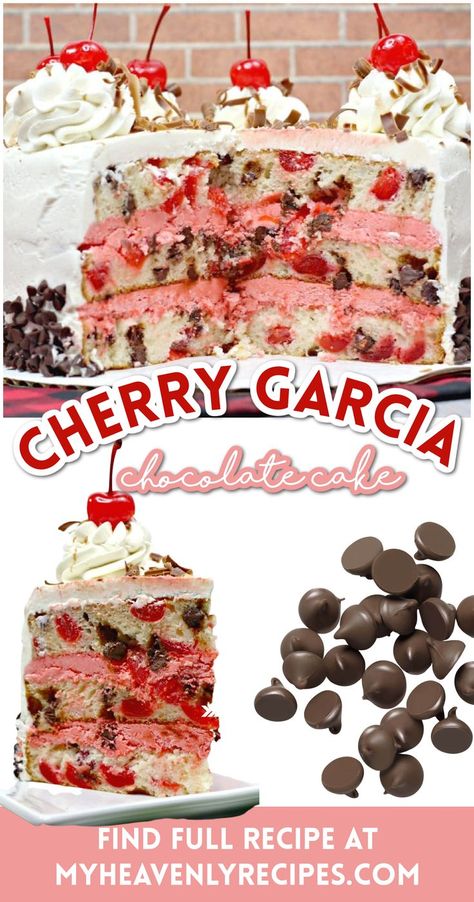 Cherry Garcia Chocolate Cake Recipe- yummy dessert idea Cherry Garcia Ice Cream, Cherry Garcia, Cherry Cake Recipe, Chocolate Cherry Cake, Homemade Frosting, Cherry Cake, Yummy Dessert, Gluten Free Cakes, Chocolate Cherry