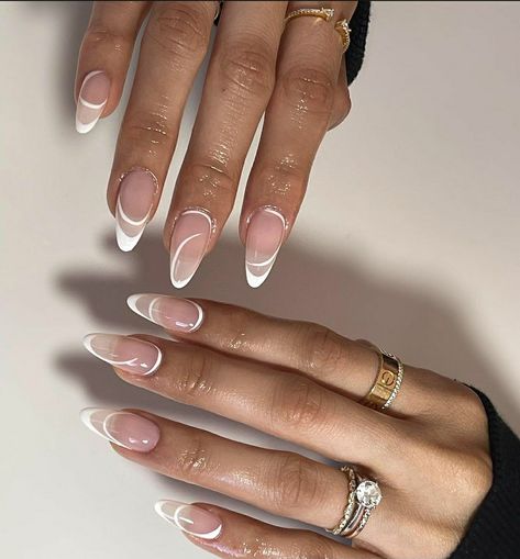 Cute Oval French Tip Nails, French Tip Clear Base, Curvy Lines Nails, Irregular French Nails, White And Clear Nails Design, Short Almond Nails 2023, Baddie Maintenance, Asymmetrical French Tip, White And Clear Nails