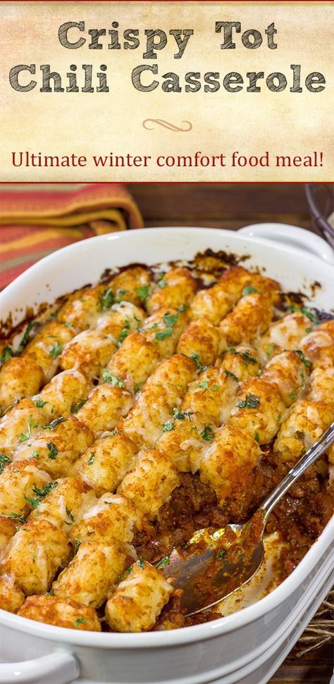 Crispy Tot Chili Casserole | Ultimate winter comfort food recipe! Chili Tot Casserole, Chili Tater Tot Casserole Recipes, Beef Comfort Food Recipes, Winter Meals With Ground Beef, Leftover Chili Recipes Casseroles, Chili Bake Casserole, Easy Winter Comfort Food Recipes, Winter Food Ideas Dinner, Chili Leftover Ideas