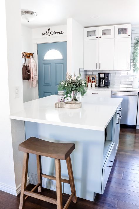 Our Fixer Upper - Before & After - Liz Pacini Kitchen Near Front Door, Kitchen With Blue Backsplash, Front Door Interior Color, Front Door Interior, Installing Shiplap, Door Interior, Old Kitchen, Modern Farmhouse Kitchens, Updated Kitchen