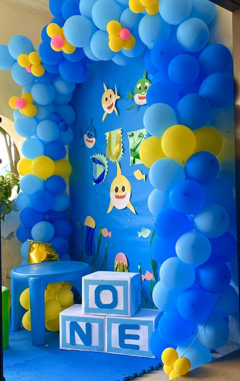 One Year Old Decorations Birthday, One Year Old Baby Boy Birthday Theme, 1 Year Baby Boy Birthday Decoration, Baby Boy 1 Year Birthday Themes, One Year Old Birthday Party Boy, Mounika Reddy, Baby Shark Party Ideas, Shark Party Ideas, Baby Boy Birthday Decoration