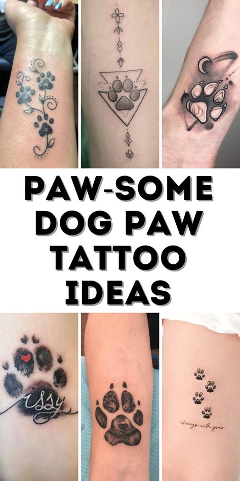 Explore meaningful dog paw tattoo ideas perfect for pet memorials, celebrating the bond between men, women, and their beloved dogs. Two Dog Paw Print Tattoo, Cat And Dog Tattoo Paw Prints, Animal Lovers Tattoos, Pet Paw Print Tattoo Ideas, Paw Prints Tatoos Ideas, Animal Tribute Tattoos, Cat Paw Print Tattoo With Flowers, Dog Print Tattoo Memorial, Dog Remembrance Tattoo In Memory Of