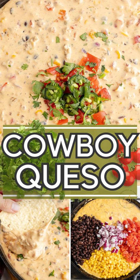 This Cowboy Queso recipe is the ultimate cheesy queso dip loaded with smooth velveeta cheese, beef, beans, Rotel, corn, and lots of cheese. It's the perfect appetizer or the best game day treat for football season. Loaded Cowboy Queso Dip, Cowboy Rotel Dip, Crockpot Football Dip, Queso Corn Dip Crockpot, Beef Velveeta Cheese Dip, Crockpot Chip Dip Recipes, Spicy Cowboy Queso Dip, Mexican Velveeta Cheese Dip, Crockpot Recipes For A Party