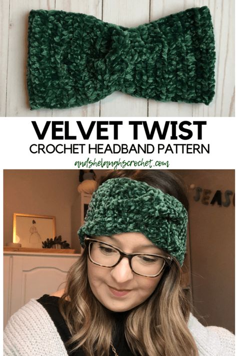 Blog - and she laughs crochet Velvet Yarn Headband, Crochet Velvet Headband Pattern Free, Velvet Ear Warmer Crochet, Velvet Yarn Crochet Hat Patterns, Crochet Velvet Hat, Crochet With Velvet Yarn, Crochet Velvet Yarn Patterns, Velvet Crochet Patterns, Velvet Yarn Projects