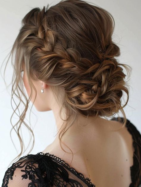 Master the Perfect Messy Bun for Long Hair with Our Style Guide Low Messy Bun Wedding Hair Bridesmaid Side Braids, Formal Messy Bun Hairstyles, Hairstyles For Long Hair Formal Event, Messy Bun For Wedding Bridesmaid, Bun Updos For Prom, Wedding Hairstyles Bun Messy, Messy Bun Wedding Guest, Homecoming Bun Hairstyles, Dramatic Updo Hairstyles