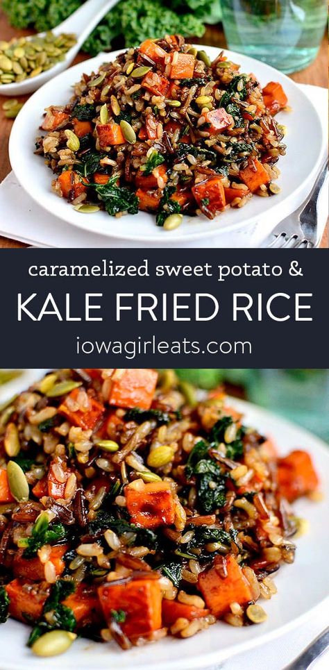 Wild Rice And Sweet Potatoes, Wild Rice Fried Rice, Kale Fried Rice, Wild Rice Stir Fry, Wild Rice And Sweet Potato Recipes, Sweet Potato Fried Rice, Fried Wild Rice, Kale Stir Fry Recipes, Sweet Potato And Kale Recipes