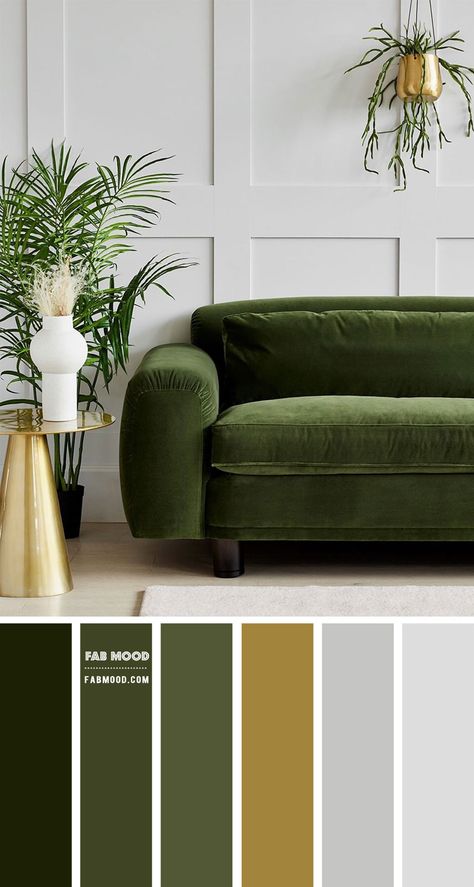 How about a touch of eco in your grey living room? Adding a pop of green has the power to completely transform any living room. Luscious vintage green... Beige Wallpaper Livingroom, Avocado Green Living Room Color Scheme, Colors That Go Together Living Room, Green Color Living Room Ideas, Paint Colors With Green Couch, Vintage Theme Living Room, Green Couch Grey Walls, Olive Green And Gray Living Room, Living Color Scheme Ideas