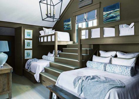 Bunk Room Decorating Ideas Bunk Room Loft, Family Bunk Room, Bunk Rooms Built In, Adult Bunk Beds Guest Rooms, Lake House Bunk Rooms, Bunk Houses, Lakehouse Remodel, Bunk Bedroom, Bunk Room Ideas