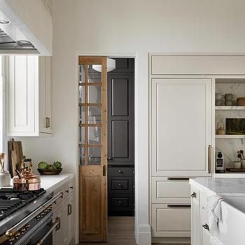 Reclaimed Wood Pantry Doors Design Ideas Hidden Pantry Pocket Door, Hidden Pantry Door Ideas, Pantry Pocket Door Ideas, Pantry Pocket Door, Wood Pantry Doors, Mix Of Modern And Antique, Glass Pocket Door, Wood Pantry, Off White Cabinets