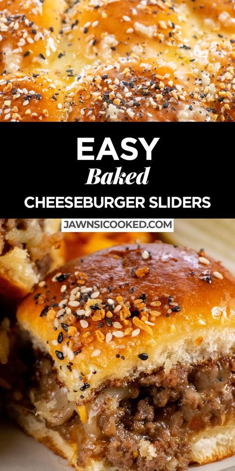 These Extra Cheesy Hamburger Sliders with garlic butter everything bagel buns are an easy and fun appetizer with everything you love about a classic cheeseburger, in a bite sized form. Easily prepped ahead, these burger sliders make a shareable snack for any party, for game day, or a great dinner for busy weeknights. Serve them with a quick and easy burger sauce for the ultimate cheesy bite! The ultimate ground beef hamburger sliders recipe! Party Burgers Sliders, Good To Make For A Party, Sliders Recipes Cheeseburgers, Things To Make With Hamburger Meat Easy, Simple Hamburger Meals, Easy Weeknight Suppers, Hamburger Meat Ideas For Dinner, Hamburger Quick Meals, Ground Beef Recipes Sliders