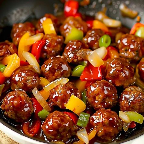 Sweet and Sour Meatballs Recipe Meatballs And Bell Peppers, Meatballs And Peppers Recipe, Meatball Sauce Recipes Sweet And Sour, Meatball Recipes Sweet And Sour, Best Sweet And Sour Meatballs, Recipes Using Sweet And Sour Sauce, Sweet Ans Sour Meatballs, Sweet And Sour Meatballs Crockpot Easy, Sweet And Sour Chicken Meatballs