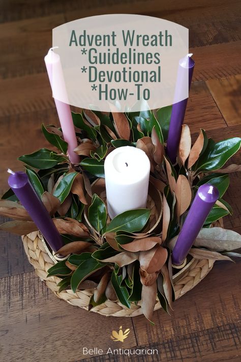 Advent Wreath and Devotional – Belle Antiquarian #adventwreath #christmas #advent Advent Light Candles, Make Advent Wreath, Catholic Advent Wreath Ideas, Homemade Advent Wreath Diy, Advent Wreath Centerpiece, Wood Advent Wreath, Advent Candles Ideas Church, Advent Altar Decorations, Advent Table Centerpiece