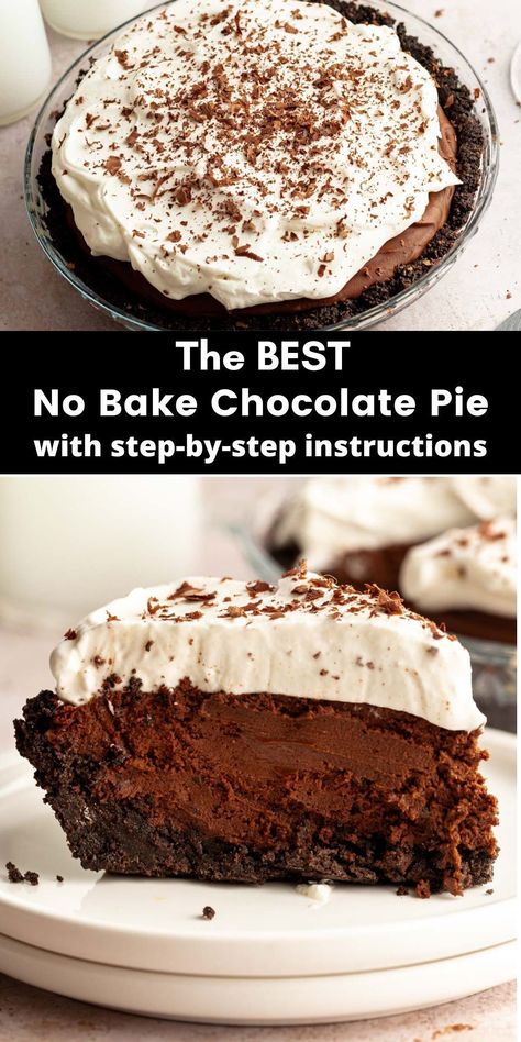 This no bake chocolate pie is made with an oreo cookie crust, topped with a rich chocolate filling that is made with both dark chocolate and cocoa powder, and topped with plenty of freshly made whipped cream. Dark Chocolate Pudding Pie, Best Chocolate Pudding Pie, No Bake Chocolate Cheesecake Pie, Chocolate Thanksgiving Pie, Oreo Cookie Crust Desserts, Chocolate Pie With Oreo Crust, Chocolate Pie Crust Desserts, Chocolate Pie Oreo Crust, Chocolate Pie No Bake