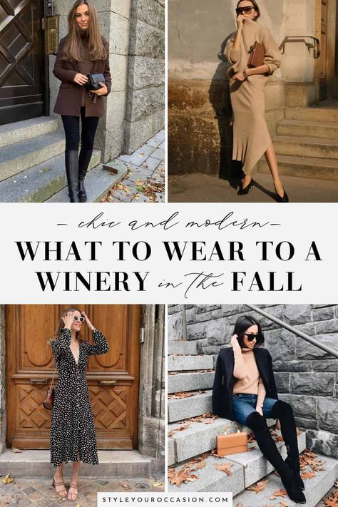 Wondering what to wear to a winery in the fall (or winter)? Get chic, modern, and casual ideas for fall winery outfits (or wine tasting and wine tour outfit ideas in the cold months). Everything from dresses, to leather leggings, jeans, boots, jacket, and more! Wine Tour Outfit Winter, Vineyard Outfits Fall, Wine Tasting Fall, Fall Wine Tasting Outfit, Country Outfits Fall, Fall Wine Tour, Wine Festival Outfit, Fall Winery Outfits, Wine Country Outfit