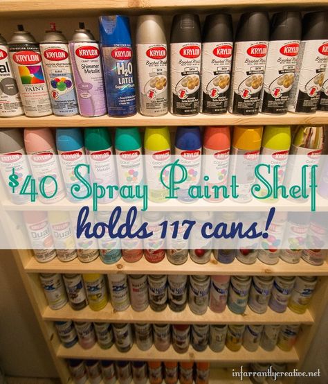 An inexpensive $40 Spray Paint Shelf that holds 117 cans. What a great and cool idea to keep all that fun spray paint organized. #spraypaint #organize #paint Paint Storage Diy, Paint Shelf, Spray Paint Storage, Spray Paint Furniture, Paint Organization, Diy Spray Paint, Spray Paint Cans, Paint Storage, Diy Sprays