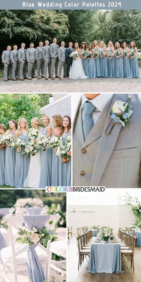 Dusty blue wedding color palettes inspirations for 2024: dusty blue bridesmaid dresses, white bridal gown, navy blue groom suit, light grey suits with dusty blue ties and boutonnieres for groomsmen, outdoor ceremony chairs with dusty blue accents, wooden tables with dusty blue table runners.#weddingcolors #weddingideas #blueweddings #2024weddings #colsbm #2024 #bridesmaiddresses #dustybluewedding #dustyblue Light Grey Suit With Dusty Blue Tie, Dusty Blue Silver Wedding Theme, Grey And Dusty Blue Groomsmen Attire, Dusty Blue Wedding Theme Groomsmen, Colors That Go With Slate Blue, Wedding Motif Blue, Grey Blue Wedding Colors, Dusty Blue Wedding Party Groomsmen, Grey And Blue Wedding Theme