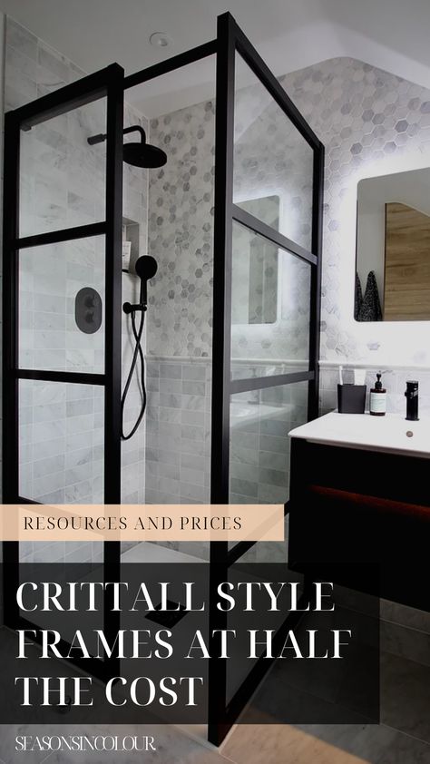 Where can I get crittall style shower frames for half the price? Black accent bathrooms - new for 2020 #marbletiles #bathroomtiles #DIY #RENOVATION #MAKEOVER #BATHROOMDESIGN #smallbathroom #showerroom Small Bathroom Design Black, Small Bathroom Remodel Black, Black And Marble Bathroom, Black Taps Bathroom, Bathroom Remodel Black, Bathroom Uk, Designer Homes, Bathroom Design Black, Corner Shower Enclosures