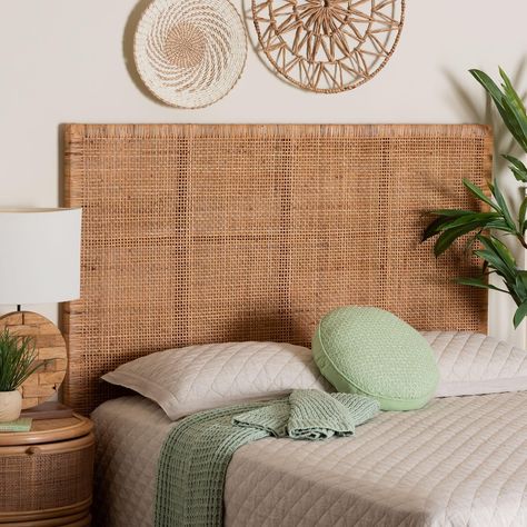 Lesia Bohemian Natural Rattan and Mahogany Wood Queen Size Headboard - Bed Bath & Beyond - 41420059 Boho Bed Frame, Bamboo Bed Frame, Boho Headboard, Headboard Queen, Rattan Headboard, Queen Size Headboard, Caned Headboard, Standard Bed, Boho Bedding