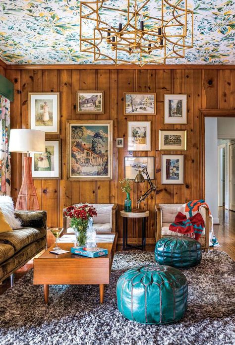 Wall Decor On Wood Paneling, Living Rooms With Wood Paneling, Cabin Wood Paneling, Styling Wood Panel Walls, Wood Panel Living Room Decor, Wood Panneling Rooms Old, Wood Panel Room Decor, Cedar Wood Walls Living Room, Mid Century Paneled Walls