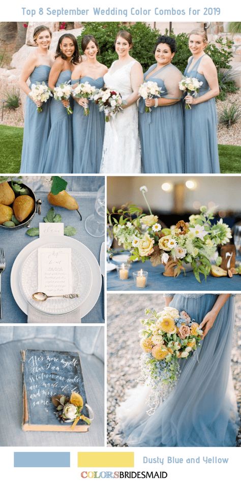 Top 8 September Wedding Color Combos for 2019 - ColorsBridesmaid September Wedding Colors, Blue And Yellow Wedding, Yellow Centerpieces, Yellow Wedding Colors, Wedding Color Palettes, Wedding Color Combinations, Wedding Color Combos, 8 September, February Wedding