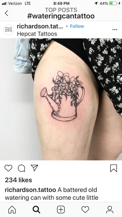 Watering Can Tattoo, Tattoos Painting, Teapot Tattoo, Can Tattoo, Painting Woodwork, Tool Tattoo, Garden Tattoos, Bottle Tattoo, Summer Tattoo