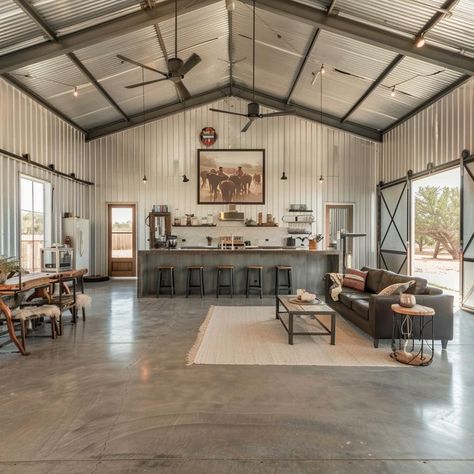 Barndominium Workshop Ideas, Open Plan Barndominium, Pole Barn Family Room, Barndominium Ideas Open Concept, Barndominium Lots Of Windows, Colors Of Barndominiums, Barndominium Detached Garage, Country House Ideas Interior, Barndominium Ideas Cheap