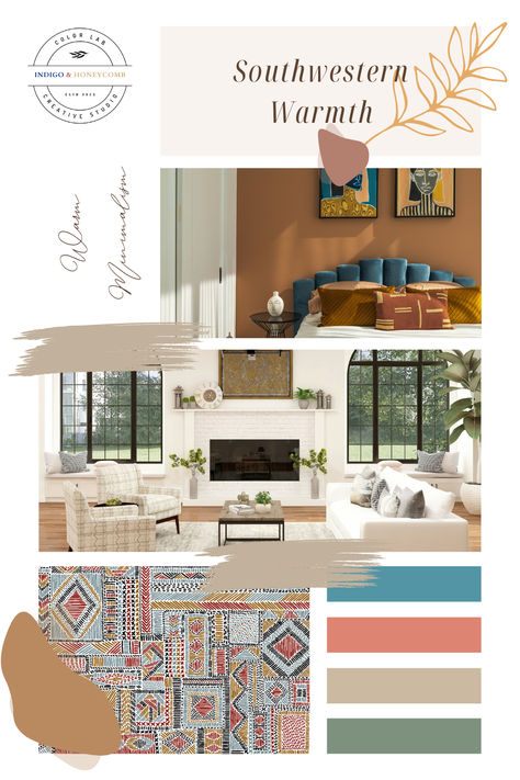 Add a touch of bold Southwestern flair to your space with our vibrant color palette!

Turquoise, terracotta, sandy beige, and cactus green come together to capture the spirit of the American Southwest. Imagine desert landscapes, adobe architecture, and resilient flora...

Bring the warmth and energy of the Southwest into your home!

#IndigoandHoneycomb #SouthwesternInspiration #ColorPalette #WarmMinimalism #SouthwestDesign #DesertVibes #BoldColors #VibrantHues #HomeDecor #InteriorDesign American Southwestern Interior Design, Southwest Paint Colors Interior, Southwest Paint Colors, Southwest Color Palette, Color Palette Turquoise, Southwestern Color Palette, Southwestern Interior Design, Turquoise Terracotta, Southwestern Interior