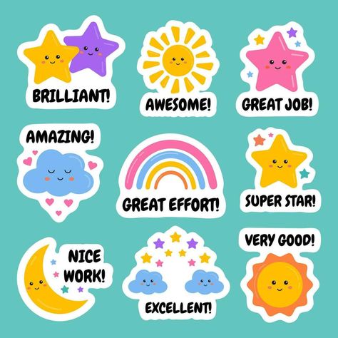 Badges Design For Students, Kindergarten Stickers, Reward Ideas For Kids, Encouraging Words For Kids, Good Job Sticker, Students Stickers, Badges For Kids, Rewards For Kids, Sticker Branding