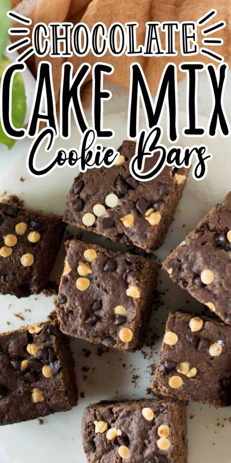 Chocolate Cake Mix Cookie Bars are an easy to make cookie bar recipe that has a rich chocolate flavor and loaded with chocolate chips. This 4 ingredient cookie bars recipe is the perfect easy dessert. Recipe Using Chocolate Cake Mix, Cake Mix Bars, Chocolate Cake Mix Recipes, Cake Mix Cookie, Cake Mix Cookie Bars, Peanut Butter Dessert Recipes, Cookie Bars Easy, Chocolate Cake Mix Cookies, Recipes Using Cake Mix