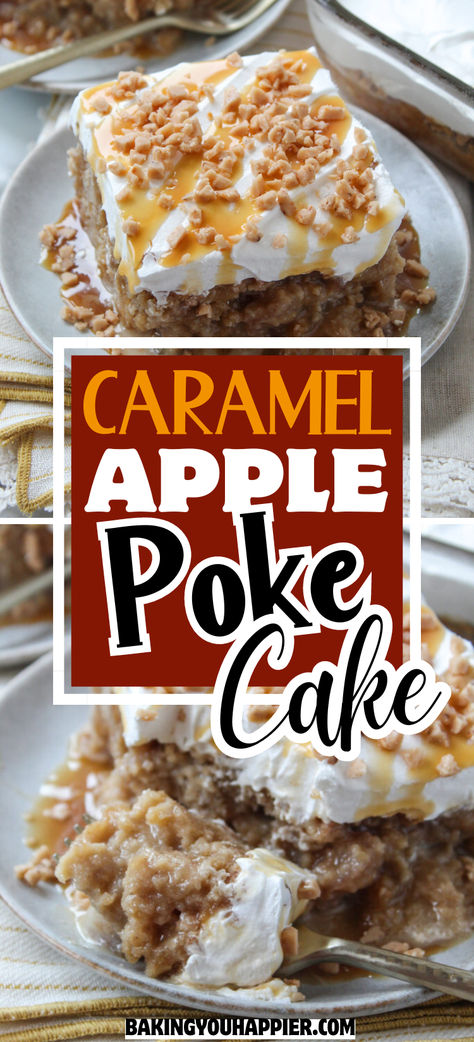 Caramel Apple Poke Cake, this ooey-gooey cake is overflowing with a sweet milk and caramel mixture in every single bite! Caramel Apple Poke Cake, Apple Poke Cake, Caramel Apple Cake Recipe, Ooey Gooey Cake, Caramel Apple Desserts, Gooey Cake, Butter Pecan Cake, Caramel Apple Cake, Sweet Milk