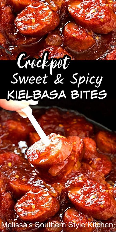 Sweet And Spicy Kielbasa, Sausage Crockpot Recipes, Kielbasa Bites, Sausage Appetizers, Sausage Crockpot, Smoked Sausage Recipes, Crockpot Appetizers, Kielbasa Recipes, Bowl Party Food