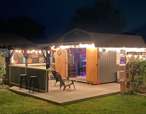 Shed Converted To Bar, Sheds With Porches Ideas, Outside Shed Ideas Backyards, Shed With Bar Attached, Shed Mancave, She Shed Cabin, Shed Turned Into Bar, Shed Into Bar, Shed With Porch Ideas