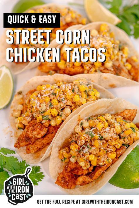 Chicken street corn tacos with charred, spiced chicken and topped with everyone’s favorite Mexican side dish – esquites (Mexican street corn salad)! It’s an easy one-pan meal ideal for using up in-season summer sweet corn. Each bite is juicy and full of flavor. Your new taco tuesday go-to. Street Corn Chicken Tacos Recipe, Street Taco Chicken Marinade, Easy Taco Dinners, Mexican Corn Tacos, Chicken Street Corn Tacos, Chicken Taco Toppings, Mexican Street Corn Chicken Tacos, Street Corn Tacos Recipe, Fried Chicken Street Corn Tacos