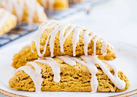 Soft pumpkin scones drizzled with a homemade spiced glaze. Everything nice about fall packed into a perfectly baked scone! #pumpkin #pumpkinspice #pumpkinrecipes #pumpkindessert #fall #fallrecipes #fallbaking #breakfast #breakfastrecipes #desserts #dessertrecipes #baking #bakingrecipes #recipes #iheartnaptime Gingerbread Scones, Pumpkin Scones Recipe, Pumpkin Scones, Pumpkin Desserts, Scones Recipe, Thanksgiving Pumpkin, Pumpkin Flavor, Gluten Free Pumpkin, Vegan Pumpkin