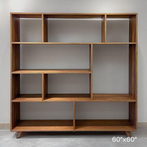 Mid-Century Modern Geometric Bookcase - 60" X 60" - Walnut | Chairish Mid Century Modern Book Shelf, Mcm Built In Shelves, Unique Bookcases Creative Bookshelves, Mid Century Modern Bookshelves, Build In Bookshelf, Bookshelf Built In, Asymmetrical Bookshelf, Modern Cabinet Kitchen, Corner Shelves Design