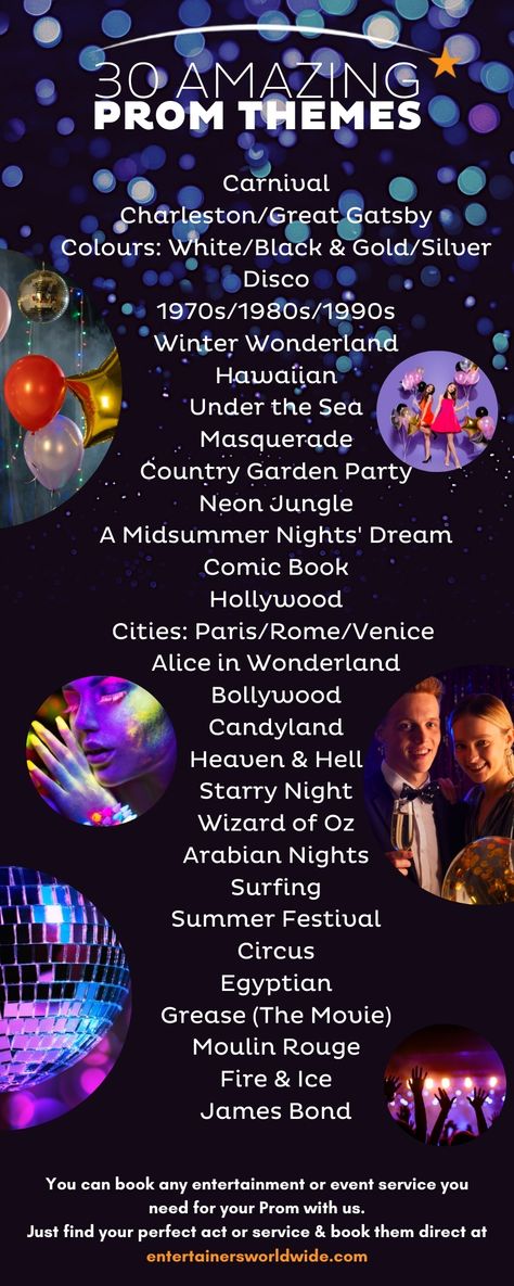 Starry Night Party Theme Ideas, School Dance Party Ideas, Prom Theme Ideas 2023, Post Prom Themes Ideas, Simple Prom Themes, Homeschool Prom Ideas, Preschool Prom Ideas, Prom Themes List, Prom Event Ideas