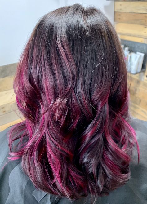 Beautiful all over color with magenta balayage highlights, haircut, blowout, and style by #kthairartistry  🍇💁🏻‍♀️💗 Black Hair Magenta Highlights, Chunky Magenta Highlights, Black Hair With Magenta Highlights, Magenta Peekaboo Highlights, Magenta Highlights In Brown Hair, Magenta Hair Highlights, Magenta Highlights On Dark Hair, Magenta Highlights, Magenta Balayage