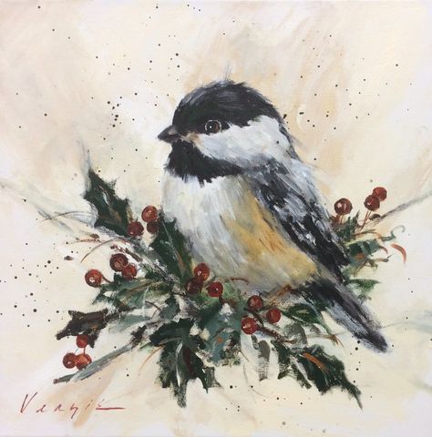 Holiday Prints and Notecards - The Art Mary Miller Veazie Chickadee Christmas Cards, How To Paint A Chickadee, Christmas Birds Painting, Winter Birds Painting, Chickadees Painting, Christmas Painting Acrylic, Christmas Card Acrylic, Winter Bird Painting, Christmas Chickadee