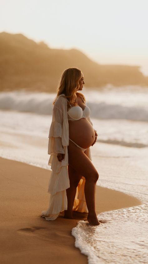 Maternity session at sunrise, 40 weeks due. Maternity Shoot Beach Outfit, Swim Maternity Photos, Maternity Photo Beach Ideas, Maternity Photo Shoot Ideas At The Beach, Babymoon Beach Photos, Maternity Sunrise Photoshoot, Maternity Photoshoot On Beach, Beach Sunset Maternity Photoshoot, Maternity Boudiour Beach