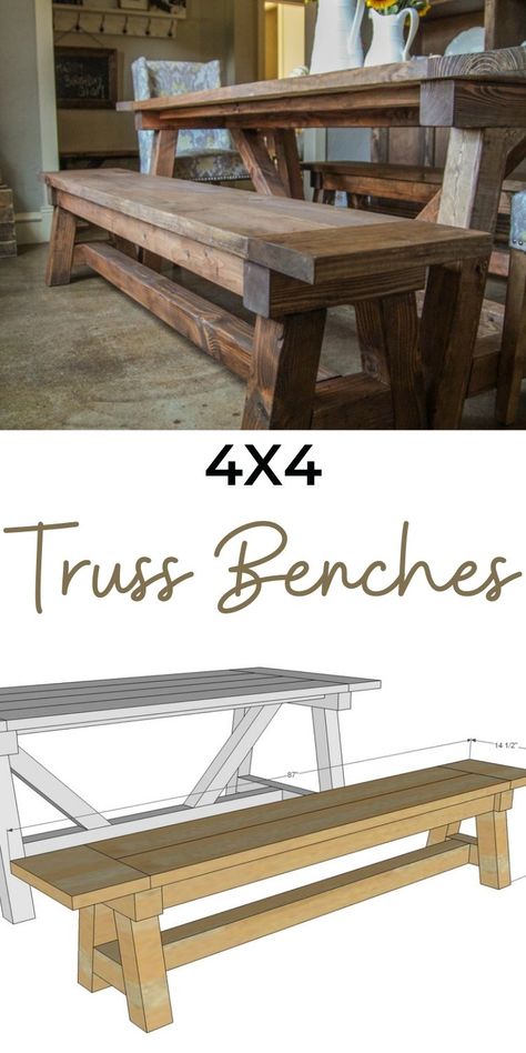 Diy Truss Beam Table, Dining Table Bench Diy, Farmhouse Bench Plans, House Diys, Beam Bench, Farmhouse Bench Diy, Diy Dining Room Table, Kitchen Table Bench, Farmhouse Dining Room Table