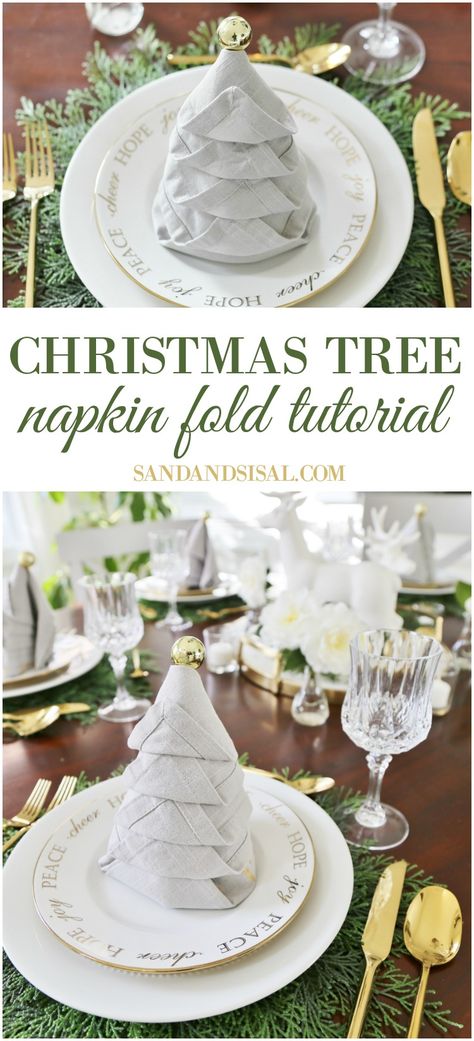 Christmas Tree Napkin Fold Tutorial - Sand and Sisal Tree Napkin Fold, Diy Napkin Folding, Christmas Tree Napkin Fold, Christmas Tree Napkin, Christmas Napkin Folding, Christmas Tutorial, Tree Napkin, Diy Christmas Table, Folding Ideas