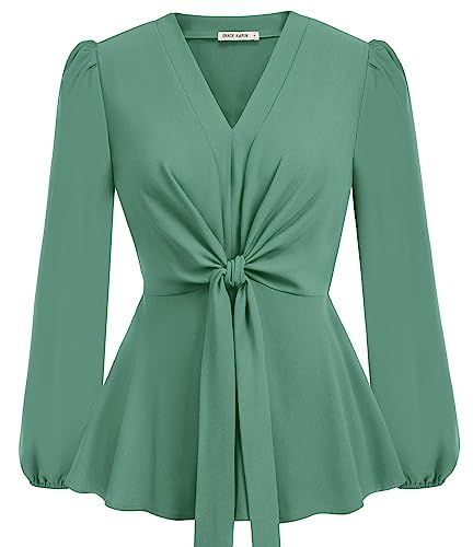 GRACE KARIN 2024 Women's Elegant Peplum Tops V Neck Tie Front Long Sleeve Shirts Tops Blouse Chiffon Tops Blouses Classy, Satin Blouse Designs, Blusas Satin, Formal Tops For Women, Blouse With Sleeves, Top Designs For Women, Classy Blouses, Ankara Gowns, Peplum Tops