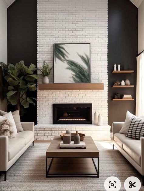 White Brick Inside House, White Fireplace Brick With Wood Mantel, Modern Living Room With Brick Fireplace, Dark Accent Wall White Fireplace, White Brick Wallpaper Fireplace, Wall Color With White Fireplace, Style Around Fireplace, Light Fireplace Dark Walls, Wood Black And White Living Room